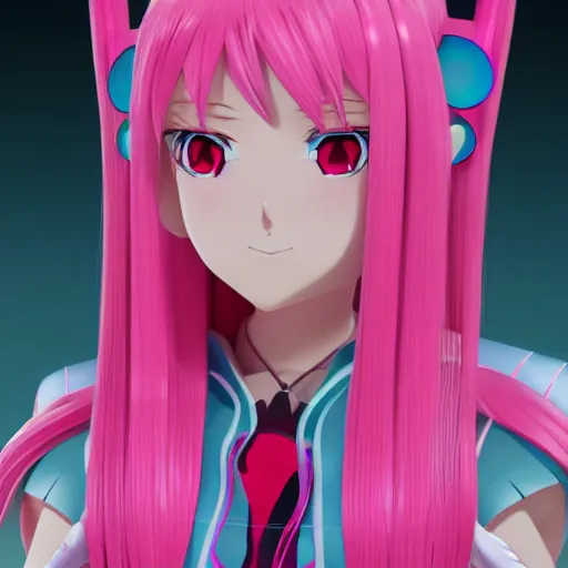 Prompt: stunningly beautiful omnipotent megalomaniacal anime goddess with porcelain skin, pink twintail hair and mesmerizing cyan eyes, symmetrical perfect face smiling in a mischievous, devious and haughty way while looking down upon the viewer, mid view, hyperdetailed, 2 d, unreal engine 5, 8 k