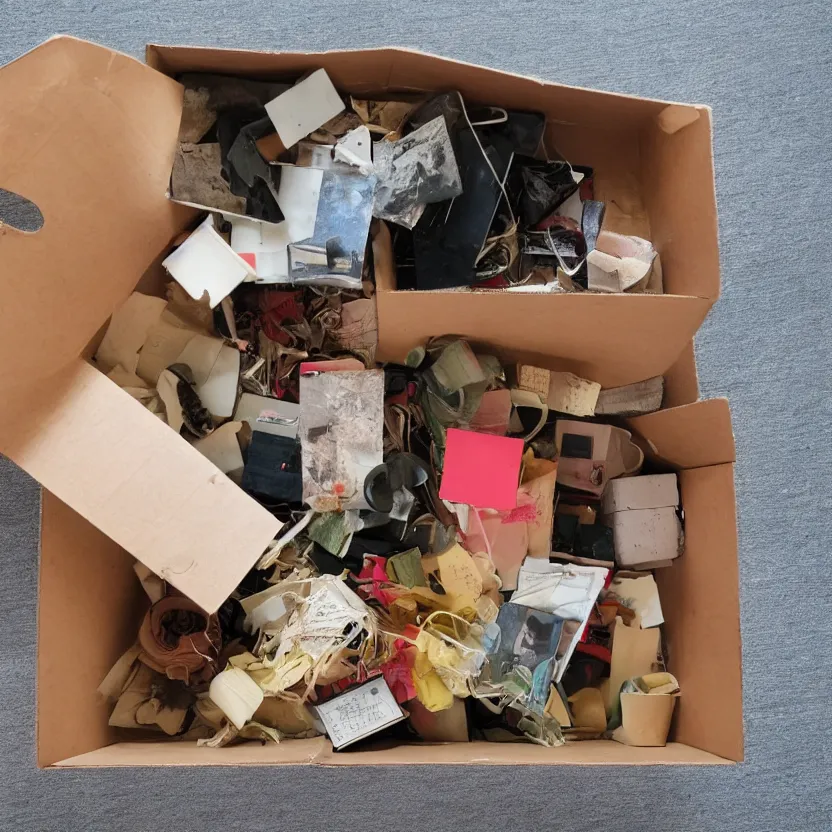 Prompt: a box of many objects, various sizes, indoors, photograph