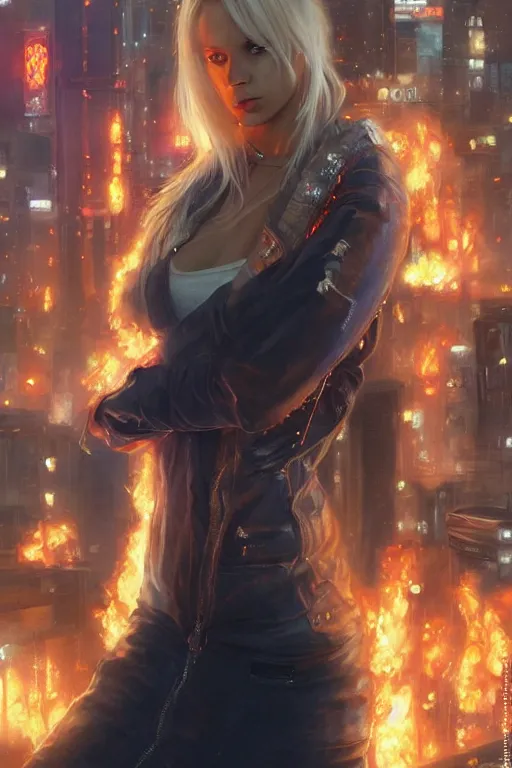 Image similar to wonderful young blonde woman with flames dancing on her hands with a long jacket in a cyberpunk city, realistic, high definition, detailed and symetric face, detailed and realistic hands, expressive eyes, 4 k, shimmering color, art by artgerm ans greg rutkowski and magali villeneuve