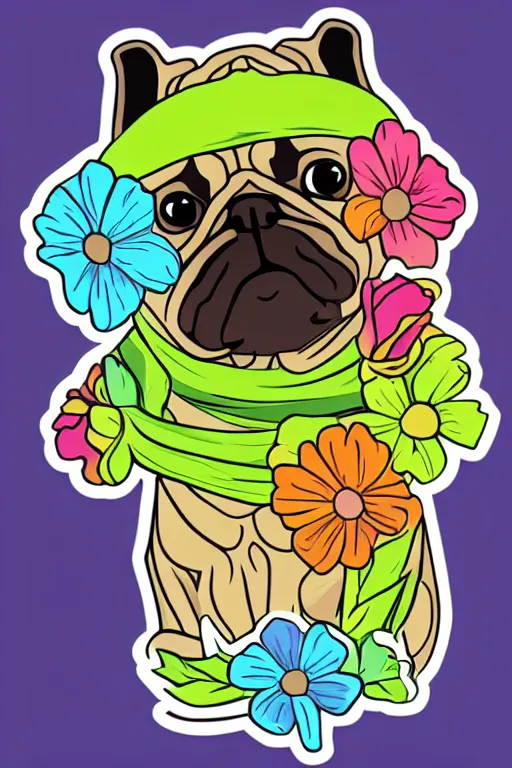 Image similar to portrait of a flower rambo pug, art by milka oxana, sticker, colorful, illustration, highly detailed, simple, smooth and clean vector curves, no jagged lines, vector art, smooth