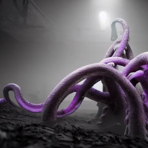 Image similar to soft painting curiosities horror tentacles synthwave, accurate features, focus, very intricate ultrafine details, black white purple, dense fog, award winning masterpiece, octane render 8 k hd, fantasy