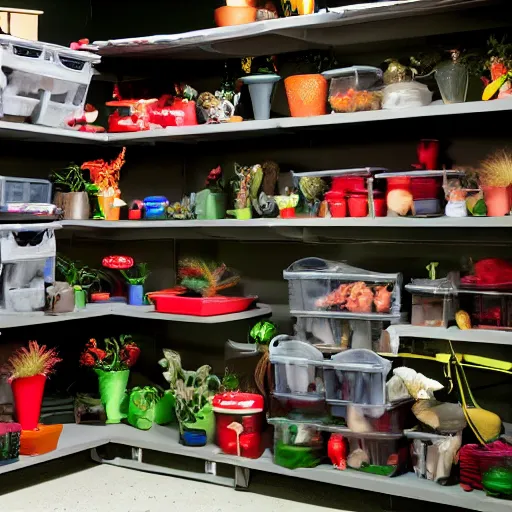 Image similar to garage with carnivorous plants on the shelves and packing peanuts on the floor, scene from tv show hyper detailed 5 5 mm 8 5 mm, low - light photography by tyler mitchell, made out of plastic