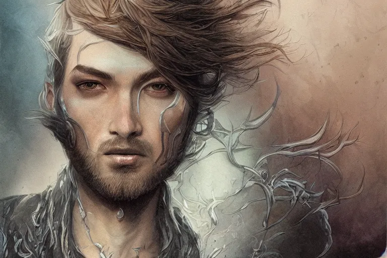 Prompt: man face, concept art, fantasy illustration, sharp focus, intricate details, by tran nguyen and wylie beckert