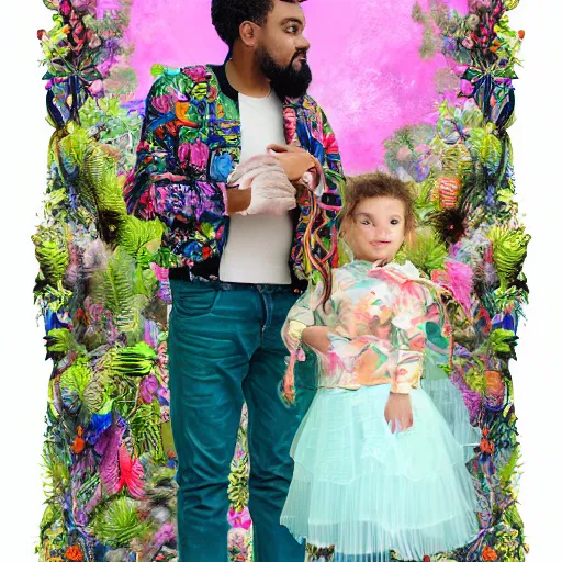 Prompt: maximalist father with a beautiful child, wearing an elaborate jacket overgrown by plants. maximalist. halo. mixed media in the style of Raffaello. vibrant pastel tones matte background HD 8x