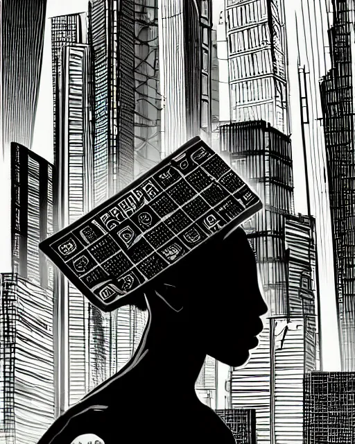 Image similar to cypherpunk fashion illustration, camera face, city street background with high tall buildings, abstract portrait highly detailed, finely detailed