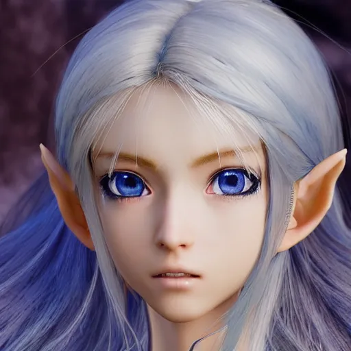 Prompt: UHD photorealistic anime, highly detailed beautiful gorgeous cute innocent young gentle elf princess in final fantasy style +(anatomically correct facial features + (highly detailed = silky blonde hair)+((highly detailed and anatomically correct (realistic and highly detailed + anatomically correct and accurately shaped stunning blue=eyes),highly detailed and anatomically correct nose, highly detailed and anatomically correct lips)))) by Ruan Jia, Fenghua Zhong, and Ferdinand Knab