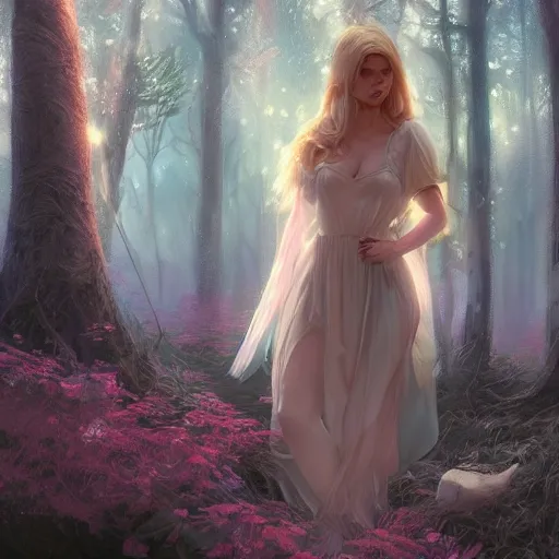 Image similar to blonde woman inside fairy forest, digital art, photorealistoc, art by greg rutkowski, hyperdetailed, western comic style, comic, comic style, sharp lineart, professional lighting, deviantart, artstation, trevor henderson, rossdtaws, cinematic, dramatic