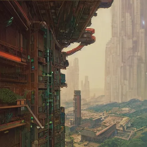 Prompt: view from distant balcony of ancient decaying art deco arcology with studio ghibli wooden homeless Hong Kong built around it, science fiction concept art by greg rutkowski and wayne barlowe and alphonse mucha