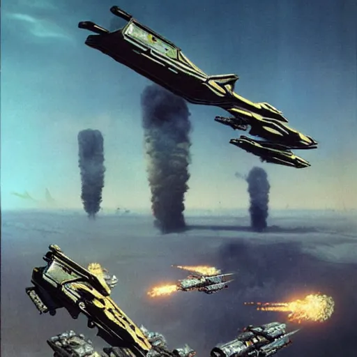 Image similar to war machines from a gate in hell, chris foss, john harris, beeple, wayne barlowe