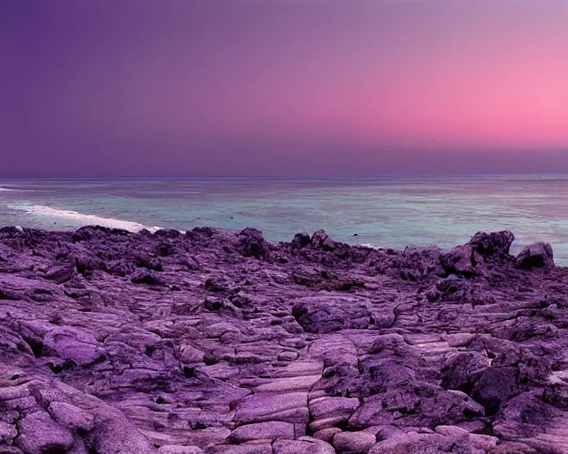 Prompt: a wide angle color movie still of a rocky beach on an alien planet, three suns, purple sky, purple water, beautiful shot on celluloid with panavision cameras, panavision lenses, 3 5 mm film negative width, anamorphic projection format, critically acclaimed, oscar winning practical effects