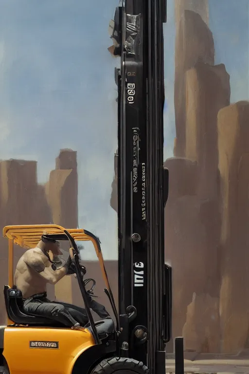 Image similar to a bald man driving a fork lift truck by Frank Frazetta, Ivan Aivakovsky, Boris Vallejo, epic character art, full length, Exquisite detail, post-processing, masterpiece, cinematic, 8k, ultra realistic, hyper detailed