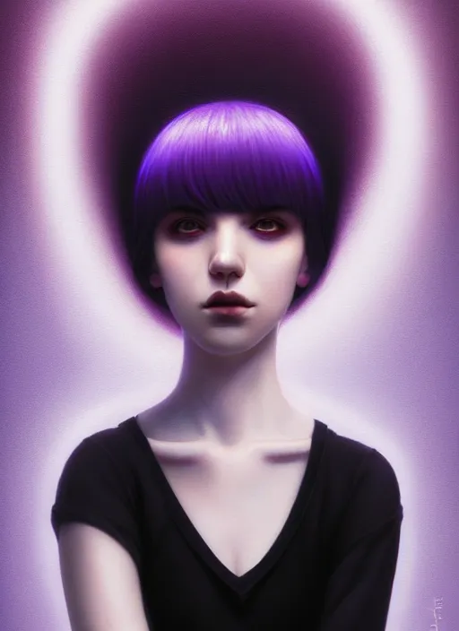 Image similar to portrait of teenage girl with white bangs, red irises, black hair, purple clothes, white bangs, bangs are different color from hair, intricate, front of hair is white rest is black, elegant, glowing lights, highly detailed, digital painting, artstation, concept art, smooth, sharp focus, illustration, art by wlop, mars ravelo and greg rutkowski