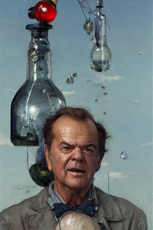 Prompt: a ship in a bottle but instead of a ship it is jack nicholson in the bottle, painting by artgerm, greg rutkowski, edgar maxence, norman rockwell, tom bagshaw