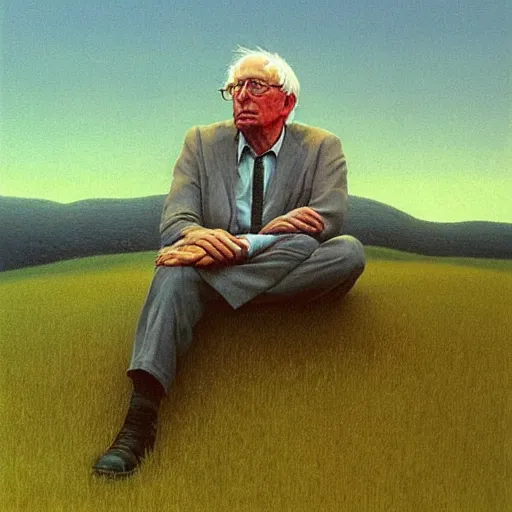 Prompt: a coherent award - winning beautiful!!! portrait of a calm bernie sanders!, sitting on a beautiful pleasant hill, painted by zdzislaw beksinski