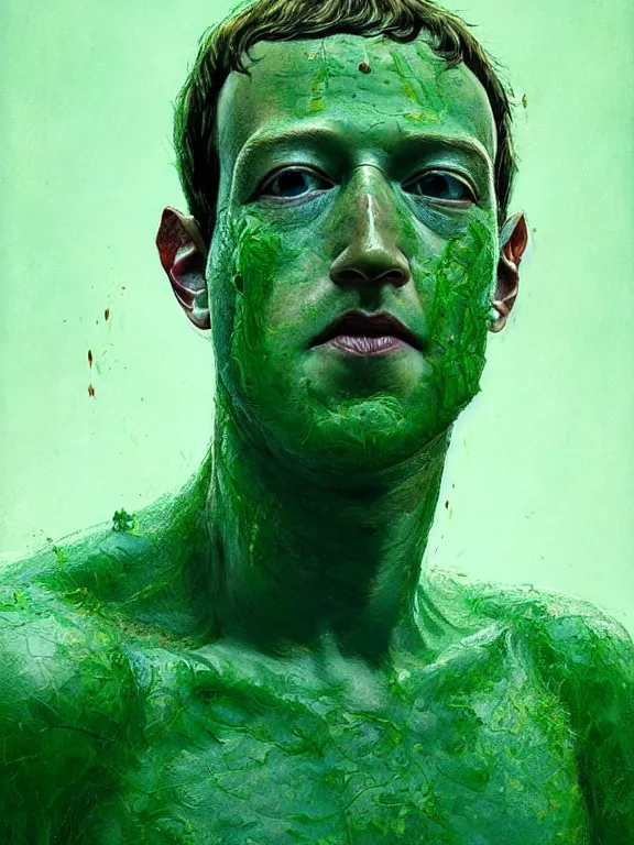 Image similar to portrait of a mark zuckerberg, skin peeling away to reveal bright green! reptile! skin!, art by ryo shiotani and greg rutkowski, intricate, beautiful, cinematic lighting, vintage art by serge ivanoff, high resolution, very detailed