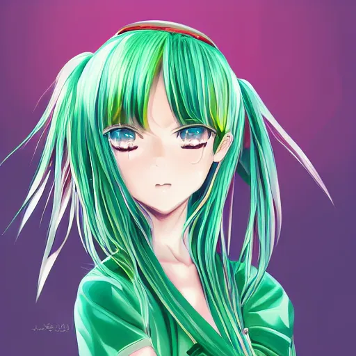 Image similar to hatsune miku short hair, anime style, hyper detailed, light green dress, illustration, digital painting, high delicate defined details, anime stylized, highly detailed, realistic, sharp focus