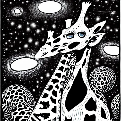 Image similar to black and white trippy comic art of a giraffe being abducted by ufo, lots of particles, drawn by Martin Rowson, Tim Burton, Studio Ghibli, Alex Pardee, Nekro Petros Afshar, James McDermott, cgsociety 4K