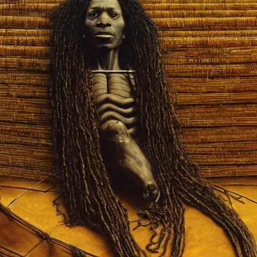 Prompt: wide angle shot of a black man with long curly hair, mummified in guitar strings, lying in a golden sarcophagus on display in a museum, fantasy painting by zdzisław beksinski