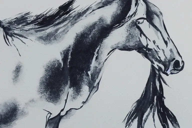 Image similar to bautiful serene horse, healing through motion, minimalistic ink aribrush painting on white background