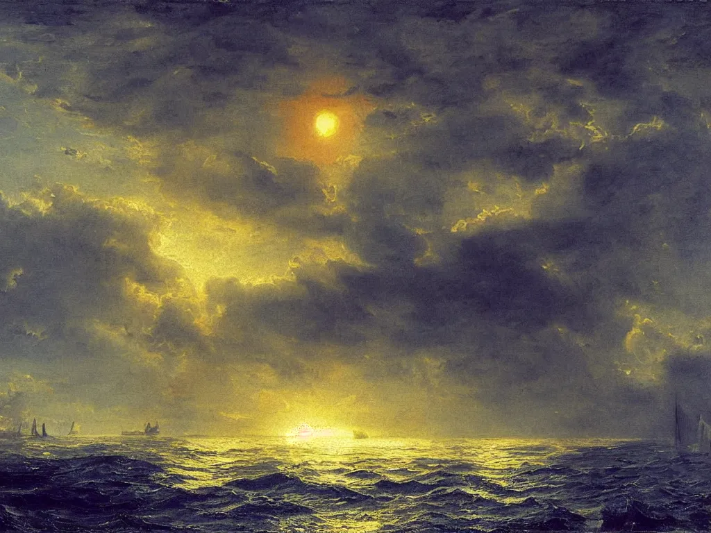 Image similar to The retreat of the ocean with dying sun. Painting by John Martin