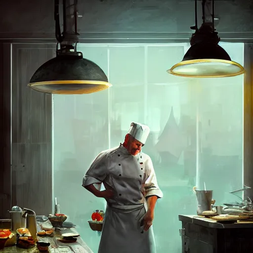 Image similar to a chef cooking pies, dramatic lighting, cinematic, establishing shot, extremely high detail, photo realistic, cinematic lighting, post processed, concept art, artstation, matte painting, style by eddie mendoza, raphael lacoste, alex ross