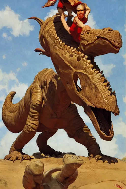 Prompt: strong man riding a dinosaur, by j. c. leyendecker, james gurney