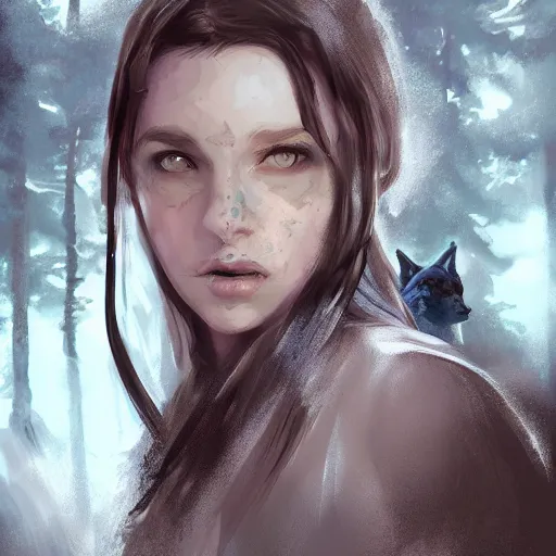 Image similar to a pretty girl surrounded by wolves, in the woods, digital painting, photorealistic, in the style of greg rutkowski, full body, detailed face