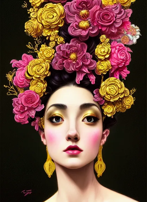 Image similar to beautiful black pink yellow, complicated gold and pink flowers in baroque style headwears, dark fantasy, intricate, elegant, highly detailed, digital painting, artstation, highly saturated colors, concept art, matte, 3 d 8 k octane rendered, sharp focus, illustration, octane rendered, art by artgerm and alphonse mucha, leesha hannigan