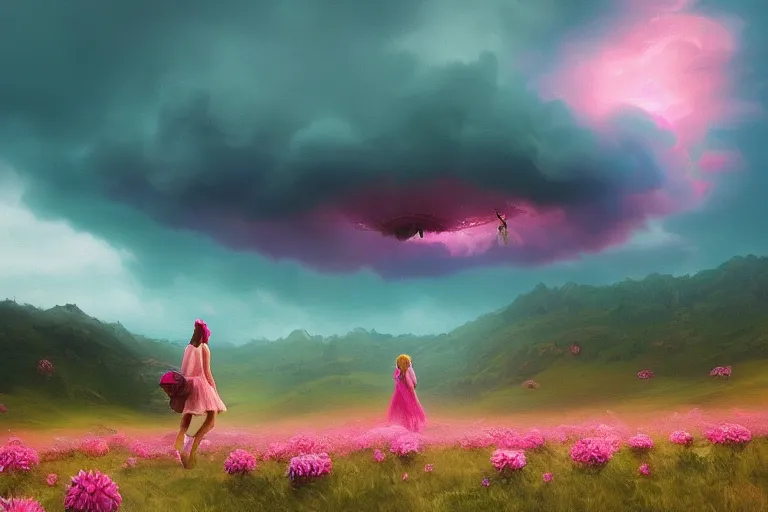 Image similar to giant dahlia flower crown under head, girl walking on mountain, surreal photography, pink storm clouds, dramatic light, impressionist painting, digital painting, artstation, simon stalenhag