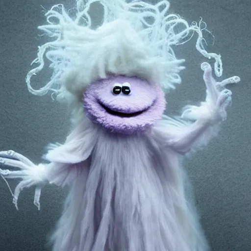 Prompt: ethereal ghostly fluffy live action muppet with a wraith like figure with a very pronounced parasitic kraken head taking over its own with two long tentacles for arms that flow gracefully at its sides like a cloak, it stalks around frozen forests searching for lost souls to consume, this character uses hydrokinesis and electrokinesis, it is a real muppet by sesame street, photo realistic, real, realistic, felt, stopmotion, photography, sesame street, monsters inc pixar