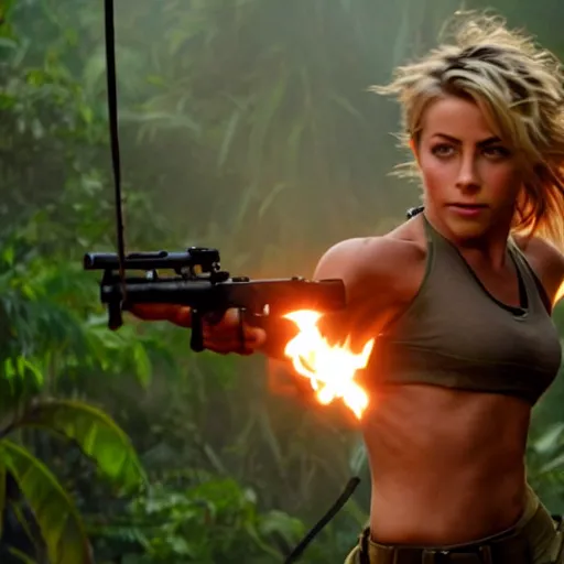 Image similar to cinematic action scene with julianne hough as a commando in the jungle, dramatic smoke, still frame