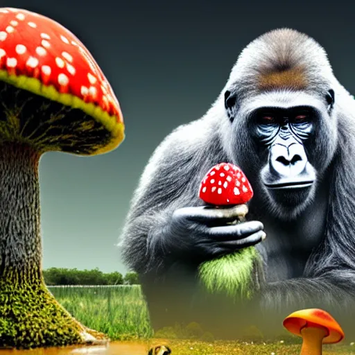 Image similar to gorilla holding an amanita muscaria made by beeple