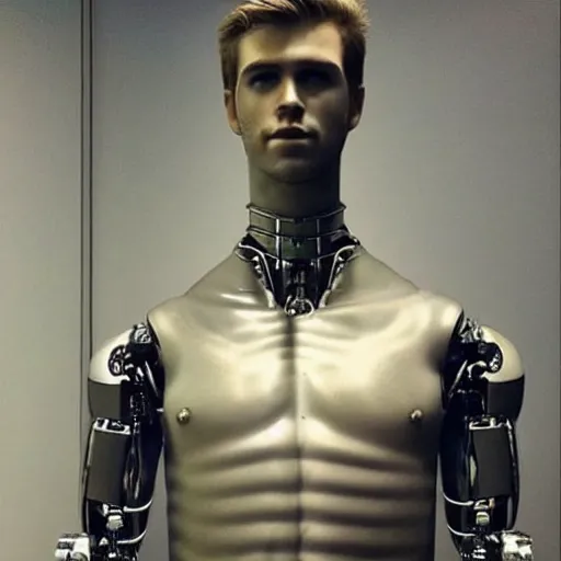 Image similar to “a realistic detailed photo of a guy who is an attractive humanoid who is half robot and half humanoid, who is a male android, actor Liam Hemsworth, shiny skin, posing like a statue, blank stare, at the museum, on display”