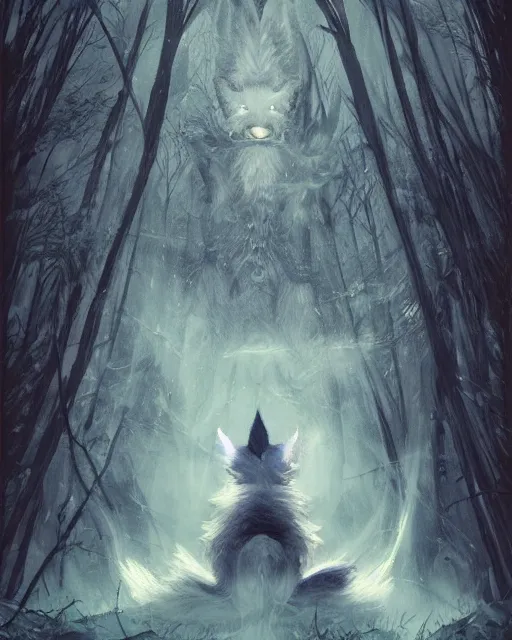 Prompt: Kitsune Fox Sorcerer meditating in the woods, nine tails, portrait, magic the gathering artwork, D&D, fantasy, cinematic lighting, centered, symmetrical, highly detailed, digital painting, artstation, concept art, smooth, sharp focus, illustration, volumetric lighting, epic Composition, 8k, art by Akihiko Yoshida and Greg Rutkowski and Craig Mullins, heroic pose, oil painting, cgsociety, Tree Woodland atmosphere