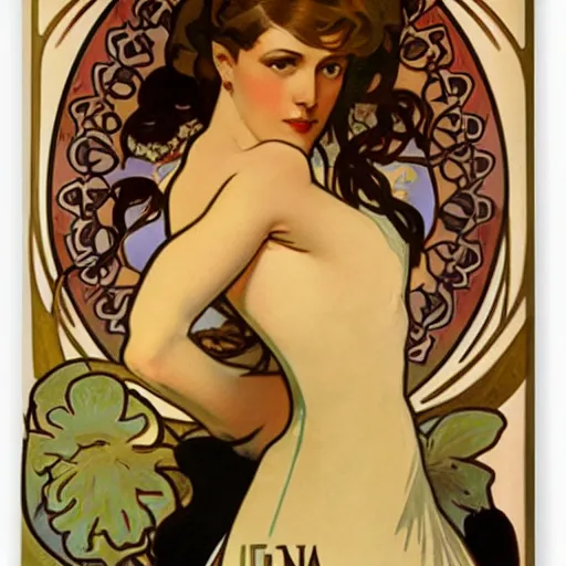 Image similar to female spy, painted by alphonse mucha