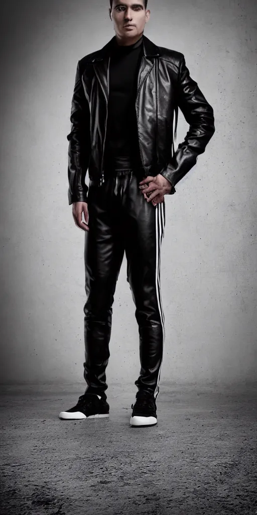 Prompt: full body photo. extreme long shot. man in black leather jacket and white!!! adidas!!! pants!!!. serious face. studio photo