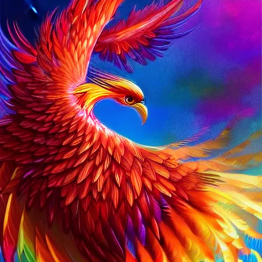 Prompt: cute flying chinese phoenix, sparkling bird eyes, embers in her bird eyes, shining rainbow feathers, sharp features, flowing fiery multicolor feathers, highly detailed, digital painting, artstation, concept art, smooth, sharp focus, beautiful rainbow feathers, expressive eyes, illustration, phoenix art by Artgerm and greg rutkowski
