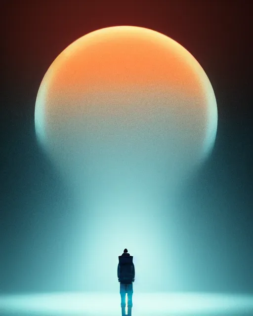 Image similar to a person standing in front of a glowy open door that's on a barren moon, poster art by mike winkelmann, trending on cg society, space art, sci - fi, ue 5, futuristic, volumetric lighting, light casting onto the ground, neat composition and camera angle