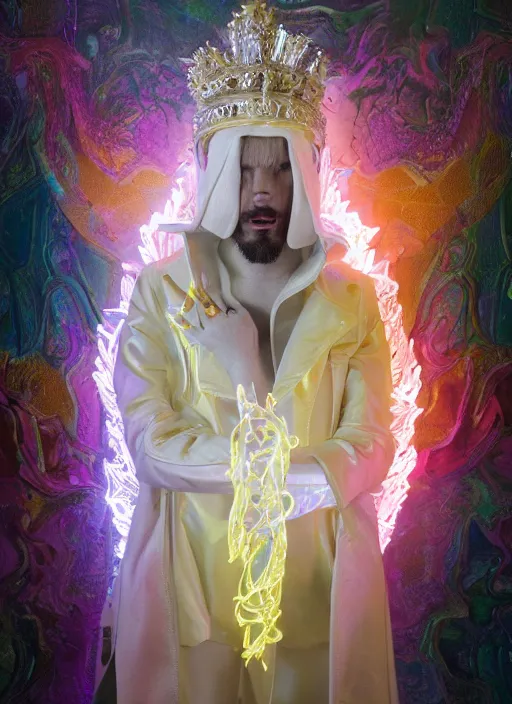 Image similar to photo of baroque and bladerunner delicate neon diamond sculpture of ceramic albino king santiago cabrera seductive delicious tongue out, creamy red iridescent humanoid deity wearing white puffy hoody holding diamond skull in a yellow metallic dungeon, reclining, glowing rainbow face, crown of white diamonds, cinematic lighting, photorealistic, octane render 8 k depth of field 3 d