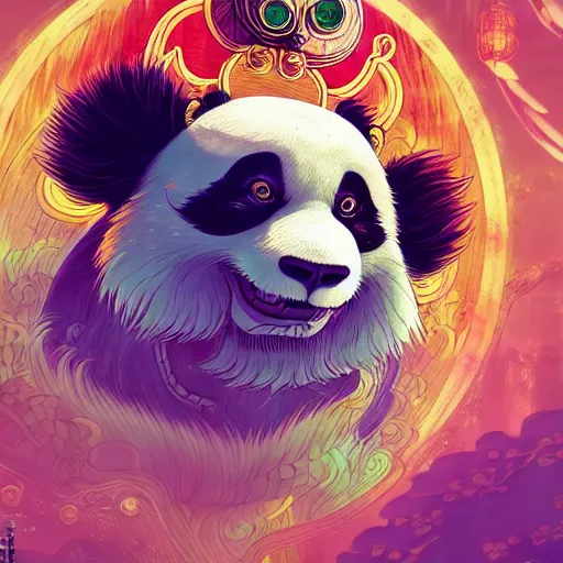 Image similar to a beautiful hyperdetailed character design 4 k wallpaper illustration of a cute panda with a chinese lion dance head victo ngai cyberpunk style, from china, style of studio ghibli, makoto shinkai, raphael lacoste, louis comfort tiffany, artgerm, james jean, ross tran, chinese style