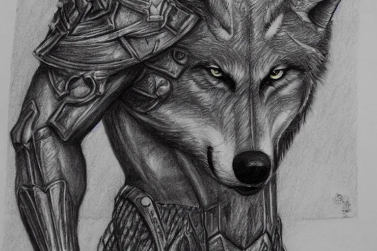 Image similar to a pencil drawing of a wolf, full body, D&D, armor, made by by Pen Tacula