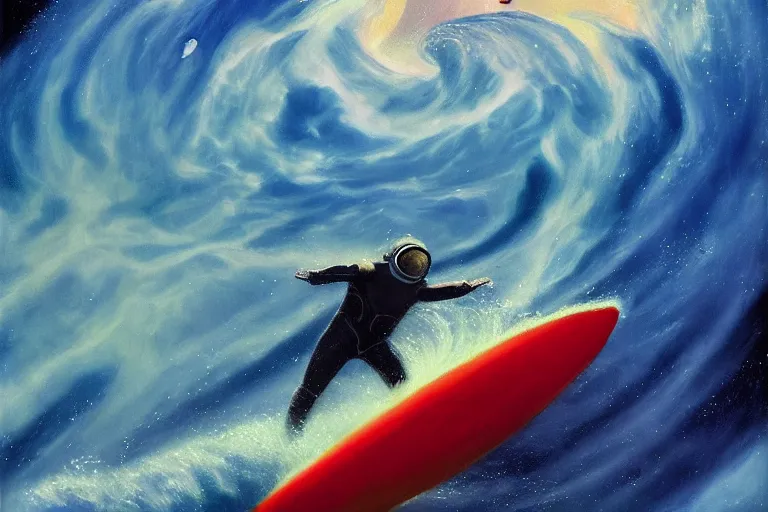 Prompt: an astronaut surfing waves in Jupiter ocean, beautiful, national geographic, very detailed, astrophotography, oil painting, canvas, Sandra Pelser, Jeff Lyons, Edward Hopper