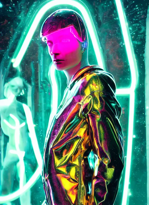 Image similar to photo of fullbodied baroque and cyberpunk and tron delicate neon diamond sculpture of seductive bright albino marble prince tyson ballou dotado mint iridescent humanoid deity wearing red plastic hoody holding molten skull in a laser alien dungeon, reclining, glowing magenta face, crown of white diamonds, cinematic lighting, photorealistic, octane render 8 k depth of field 3 d