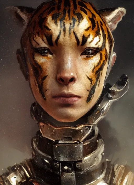 Image similar to A portrait of a female cyborg tiger in medieval armour by Greg Rutkowski, Sung Choi, Mitchell Mohrhauser, Maciej Kuciara, Johnson Ting, Maxim Verehin, Peter Konig, final fantasy, 8k photorealistic, cinematic lighting, HD, high details, dramatic, atmospheric , trending on artstation