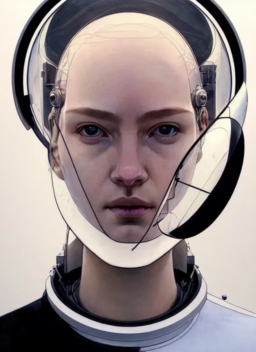 Image similar to artwork by james jean and Phil noto; a close up on the face of a beautiful man and woman in a future space suit; wearing futuristic astronaut helmet; highly detailed; pretty eyes; circular black pupils; artwork by james jean and Phil noto