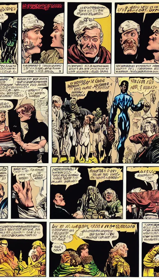 Image similar to 6 panel comic by brian bolland, john singer sargent, trad moore, darick robertson, turner