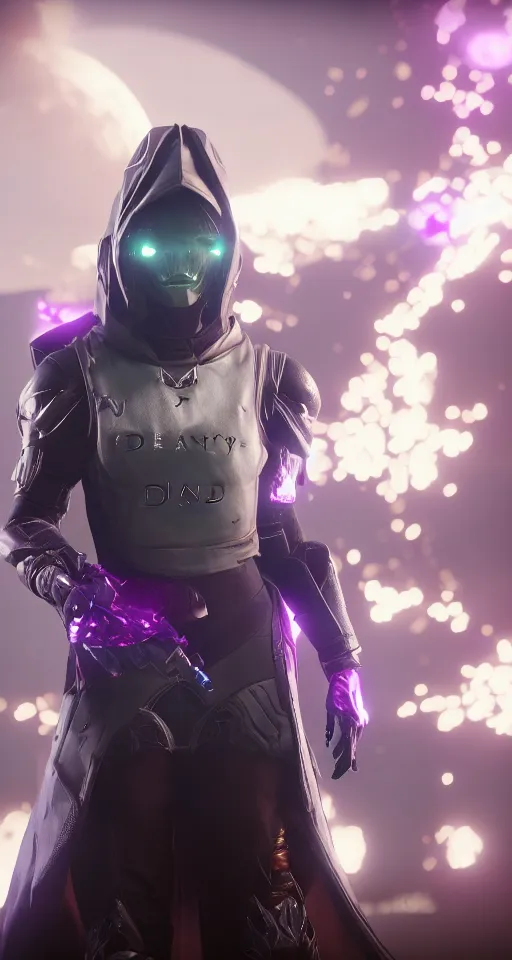 Image similar to Destiny 2 warlock portrait, head to toe, cinematic, vfx, particle lighting, purple void particles, space wizard, unreal engine 5, trending on artstation