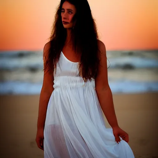 Image similar to a beautiful photograph of a woman in a white dress on the beach at sunset, by krysia lukkason