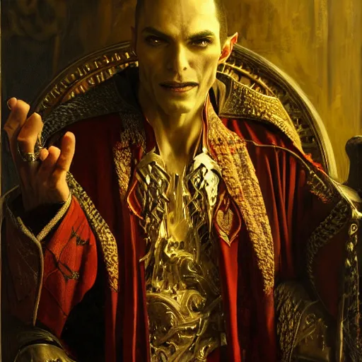 Image similar to perfectly centered portrait of attractive vampire king in a robe sitting on a throne of bones, highly detailed painting by gaston bussiere, craig mullins, j. c. leyendecker, 8 k