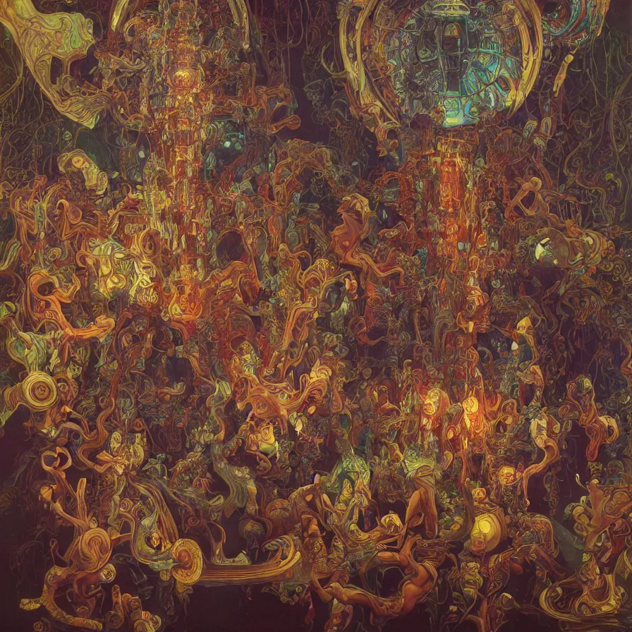 Image similar to intricately detailed religious scifi painting of occultist scientists doing blood sacrifices to win arcade games by m. c. escher, beeple, greg rutkowski and alphonse mucha. 8 k hd resolution, chihuly